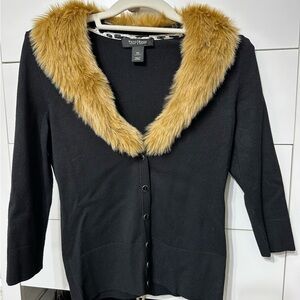 WHITE HOUSE BLACK MARKET FUR COLLAR CARDIGAN